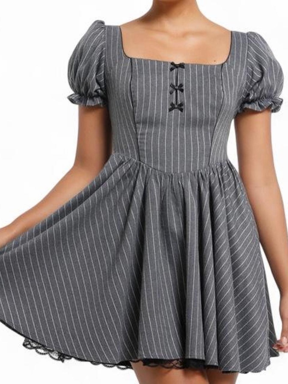 Gray Pinstripe Puff-Sleeve Fit & Flare Dress